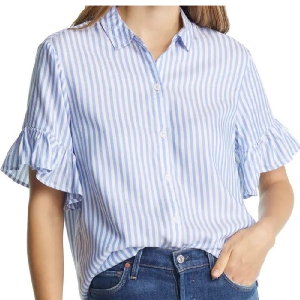 BeachLunchLounge- Ruffle Sleeve Blue White Stripes Button Down. L. Originally$58